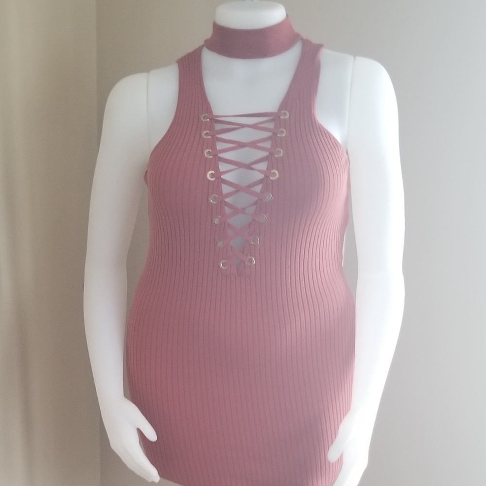 Sexy ribbed fitted body con lace up dress